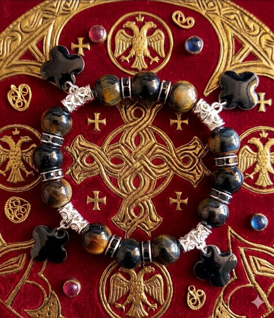 Byzantinisches Armband mit Tigerauge und Feuer-Emaille – Handgefertigtes Unikat