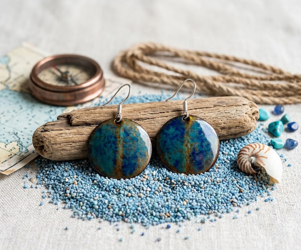 Handgefertigte Emaille-Ohrringe „Meeresbrise“ – Blau & Gold