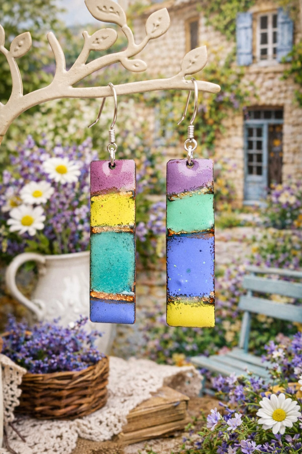 "Lavendelfelder &amp; Sonnenschein" – Handgefertigte Emaille-Ohrringe im Provenzalischen Stil