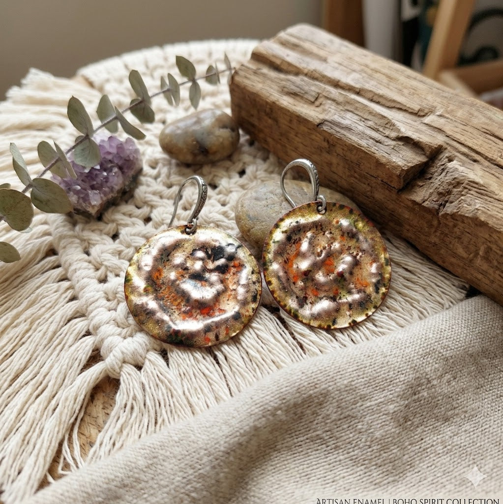 Boho Emaille-Ohrringe "Sonnentanz" – Handgefertigt, Feuer und Kupfer