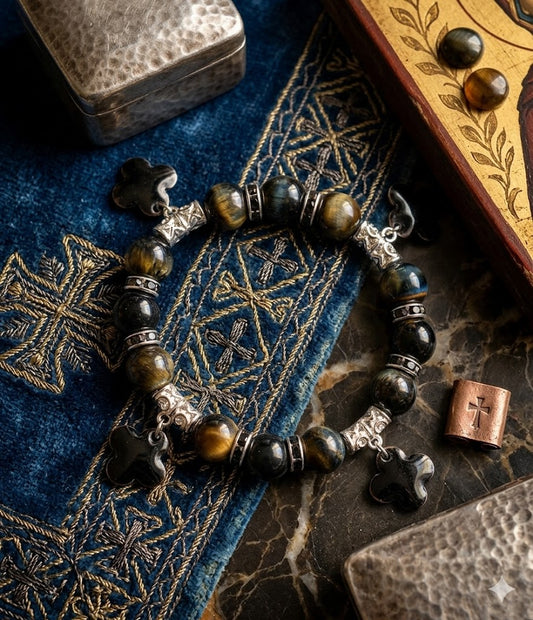 Byzantine Bracelet with Tiger's Eye and Fire Enamel – Unique Handmade Piece