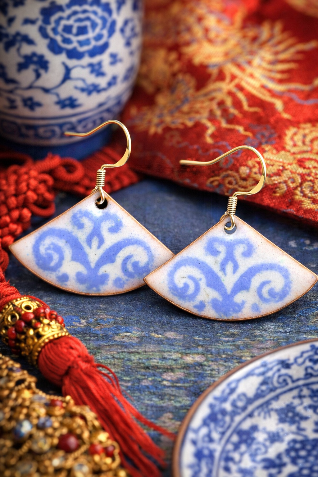 "Ming Vase & Fan" – Handcrafted Chinoiserie-Style Enamel Earrings