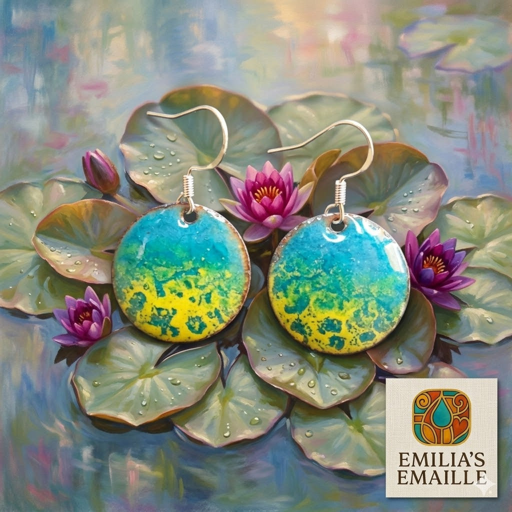"Impression: Water Lily Pond" - Handcrafted Enamel Earrings, Série d'Art