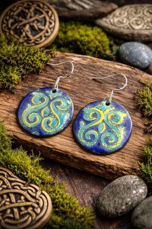 "Celtic Spiral" – Handcrafted Enamel Earrings in Deep Blue and Gold