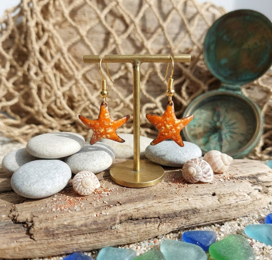 "Sunny Starfish" - Handcrafted Enamel Earrings in Vibrant Orange
