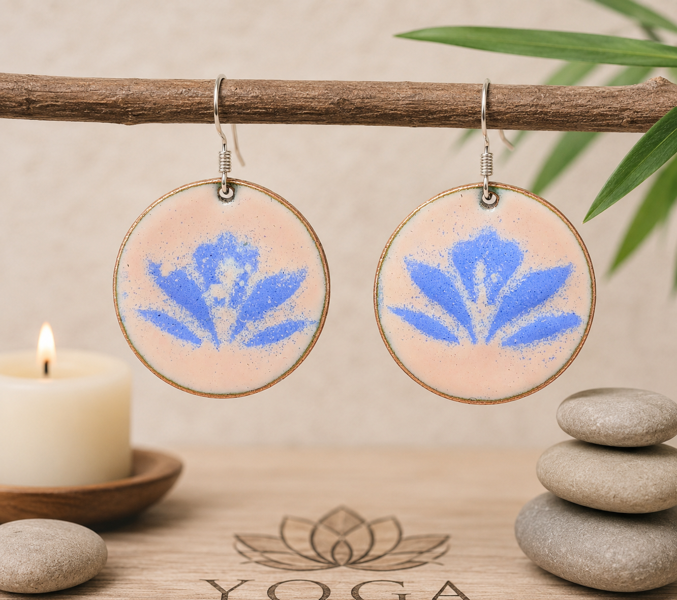 Handgefertigte Emaille-Ohrringe "Blauer Lotus" – 925er Silber & Kupfer, Ø 3cm