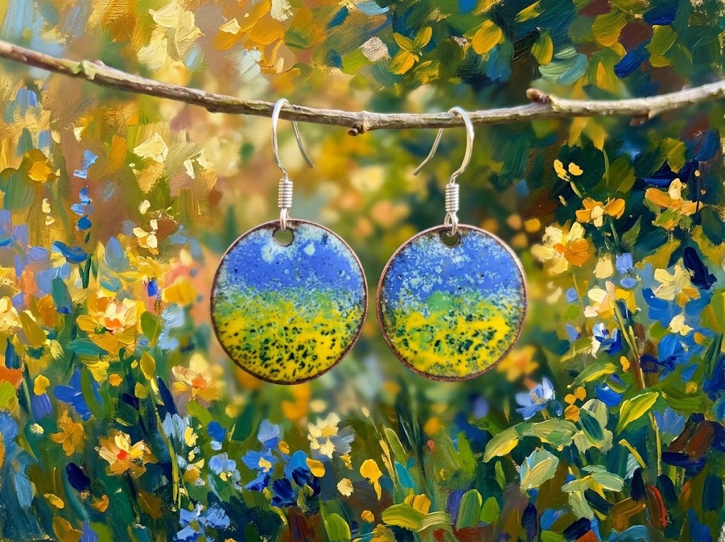 Runde Emaille-Ohrringe "Impressionistische Landschaft" in Blau & Gelb