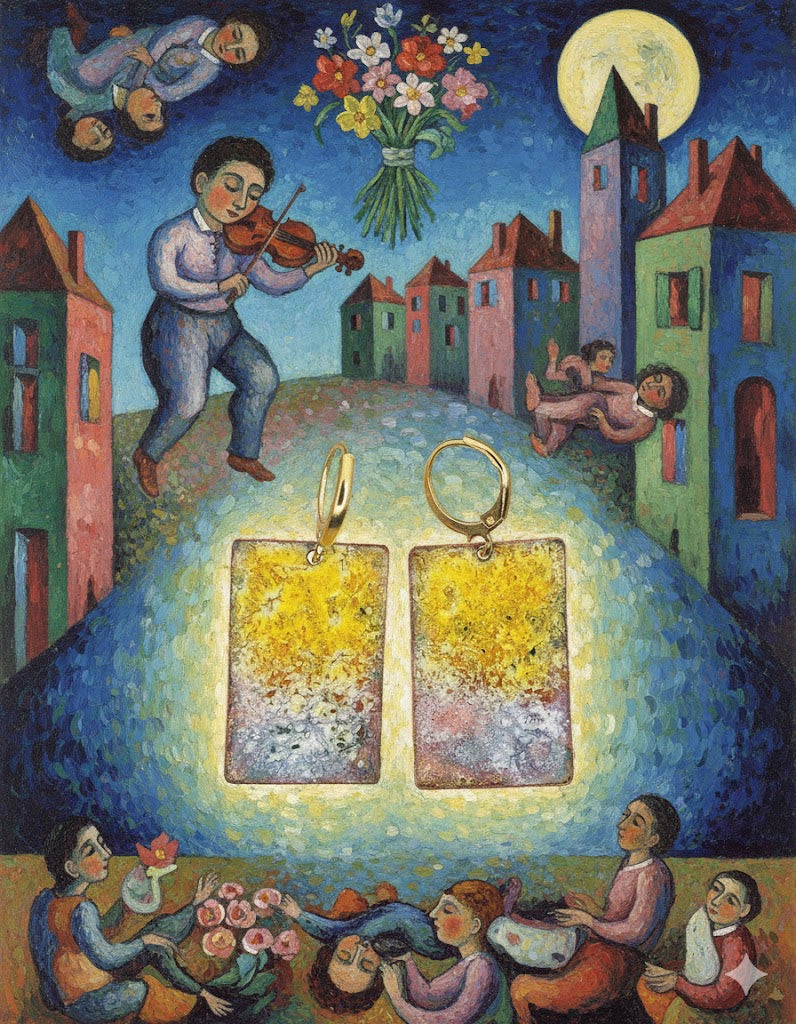 Einzigartige Emaille-Ohrringe Chagalls "Himmelslicht" im Chagall-Stil