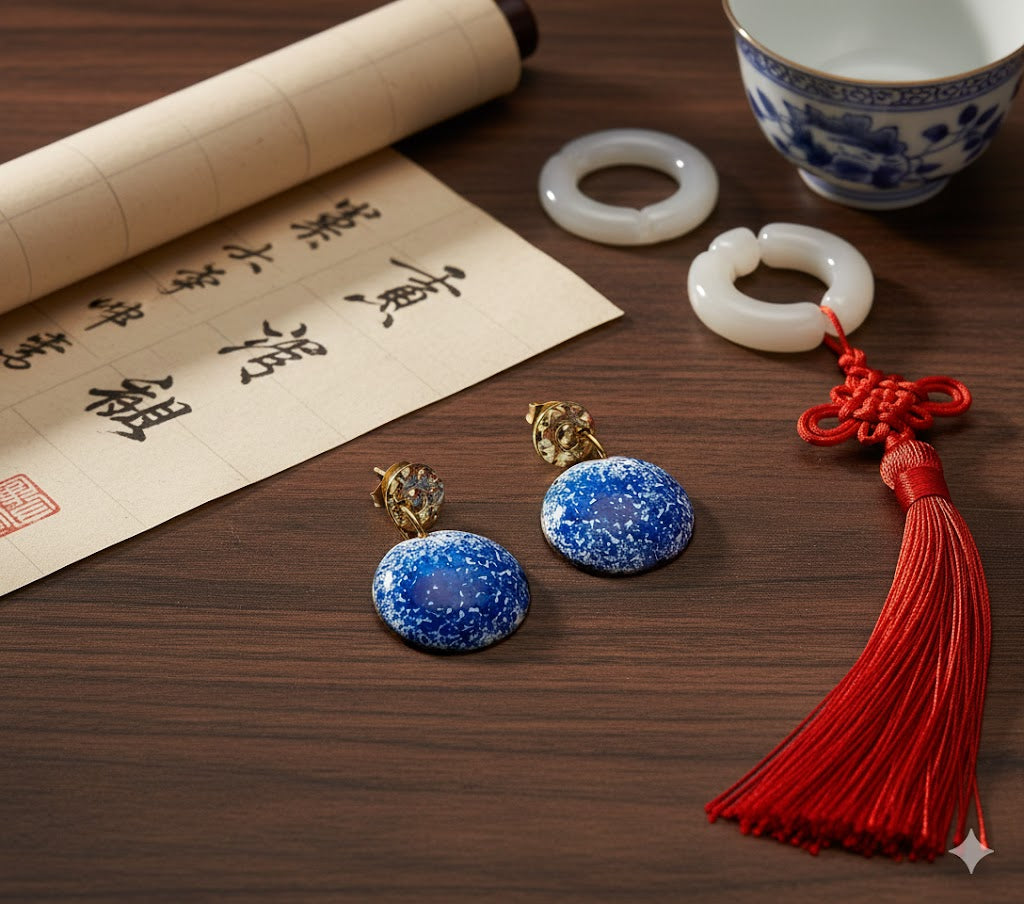 "Blaues Porzellan" – Handgefertigte Emaille-Ohrringe: Die Kunst des fernen Ostens