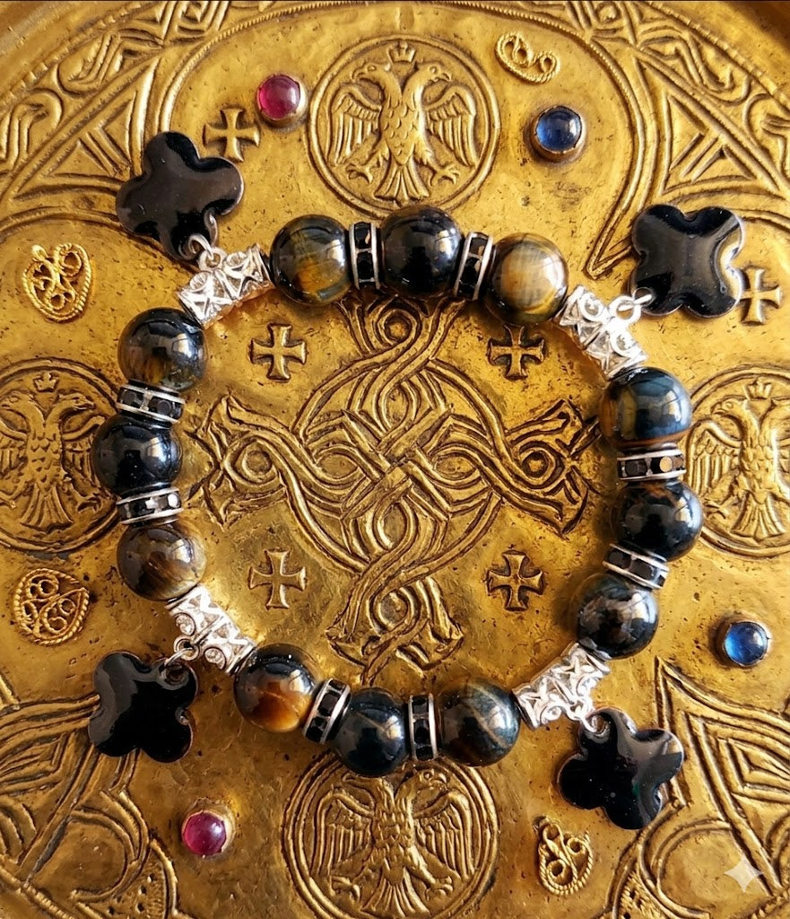 Byzantinisches Armband mit Tigerauge und Feuer-Emaille – Handgefertigtes Unikat