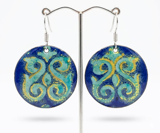 "Celtic Spiral" – Handcrafted Enamel Earrings in Deep Blue and Gold