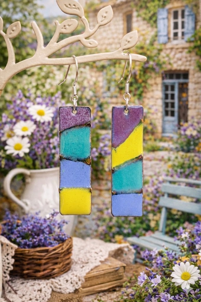 "Lavender Fields Sunshine" – Handmade Enamel Earrings in Provencal Style