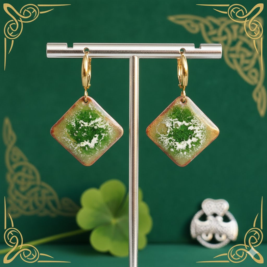 Emaille-Ohrringe "Irisches Moos" – Quadratische Unikate von Emilia's Emaille