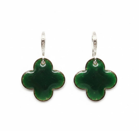 Handcrafted Enamel Earrings "Camelot Clover" in Deep Green