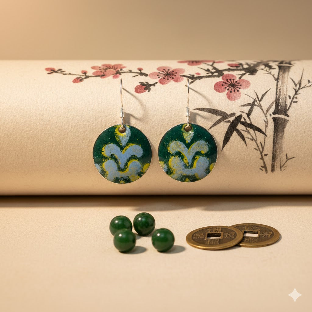 Enamel earrings "Tea Ceremony Green" from the Far Eastern Silk &amp; Fire collection